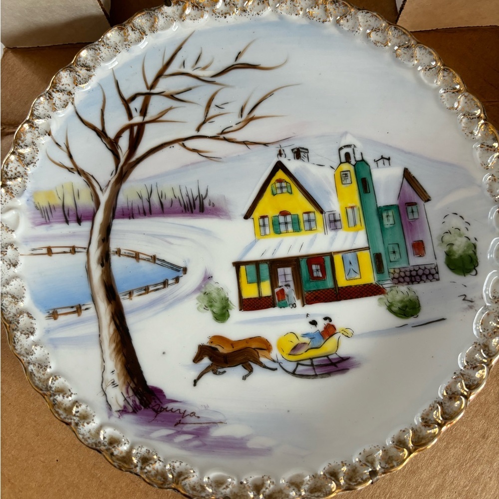Vintage Hand Painted Plate Winter Scene Snow